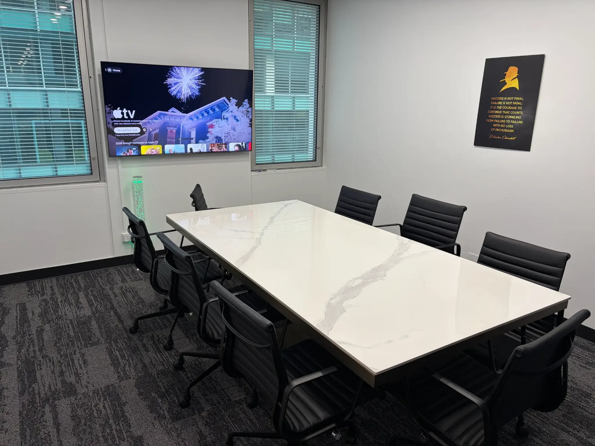 King Work meeting room — Adelaide CBD boardroom with marble table, 65-inch 4K screen and 8 executive chairs
